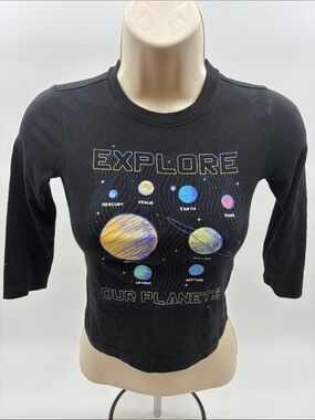 wonder nation Black Long Sleeve Tee with Colorful Planet Graphic